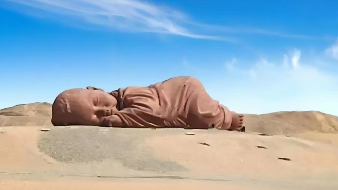 大地之子雕塑 - 戈壁中的巨型婴儿雕塑